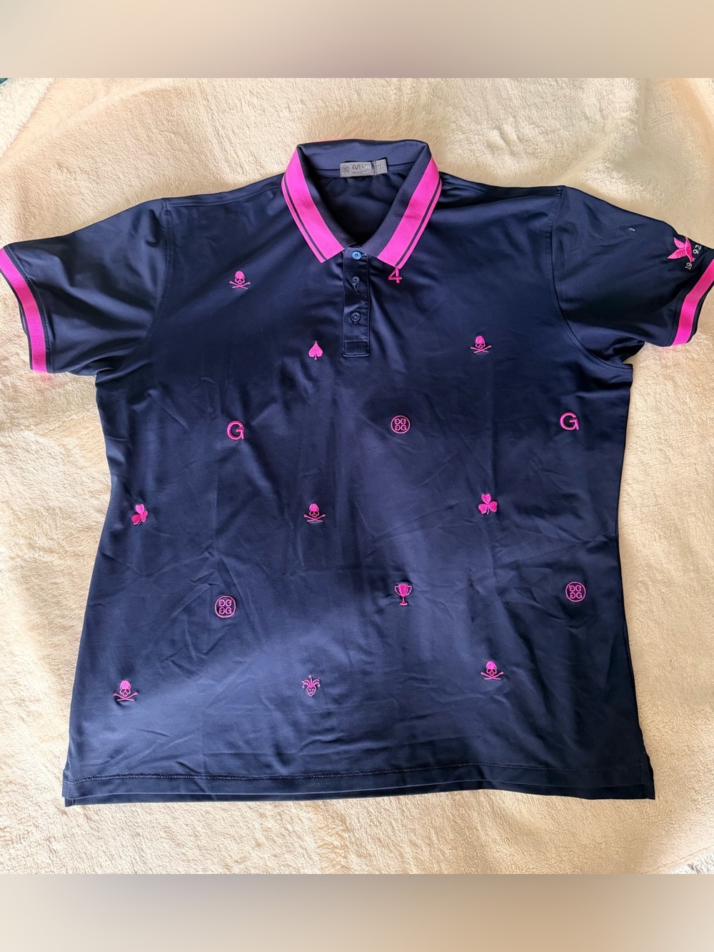 G/FORE Men's XL Golf Polo Navy Pink Skull Embroidered Performance Shirt